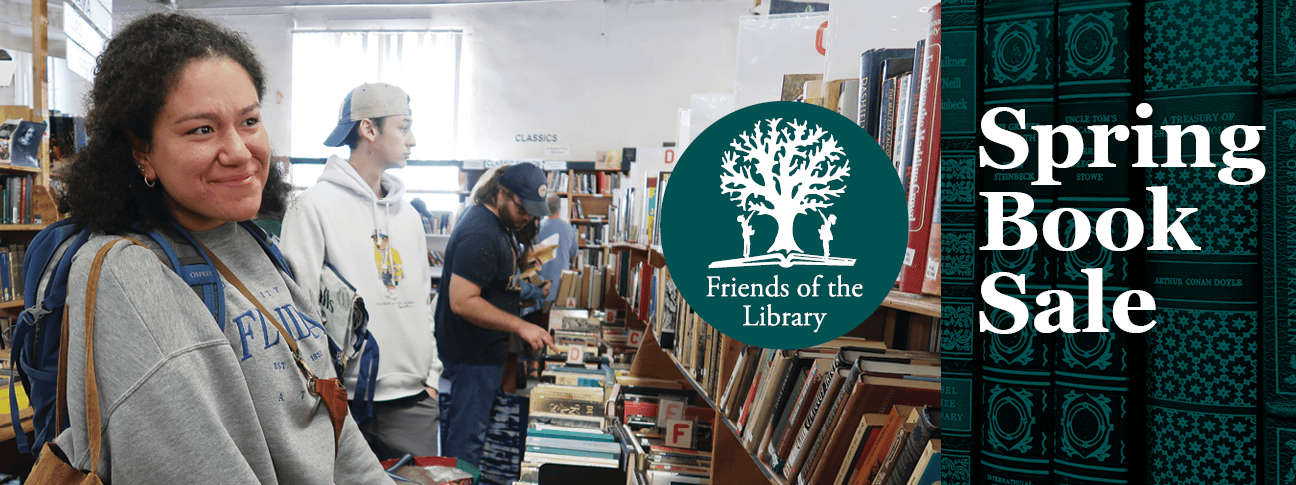 people looking at books at the Friends of the Library Spring Book Sale with a Friends of the Library logo of a tree on an open book with someone standing on either side