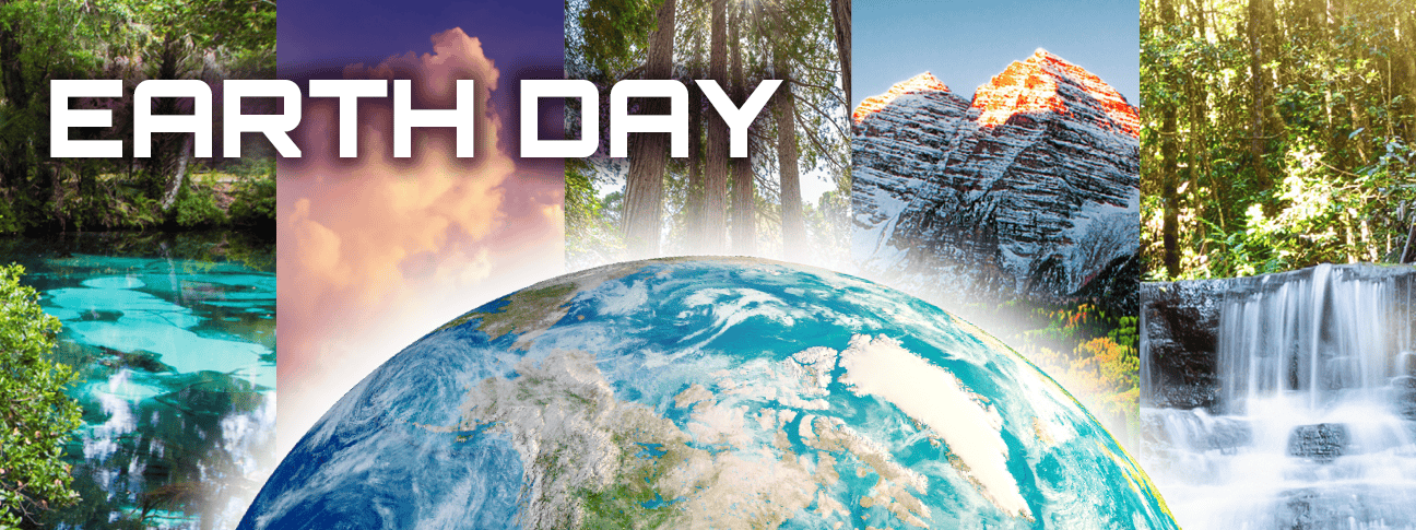 Earth Day promotion with various nature scenes in the background and the earth below it.