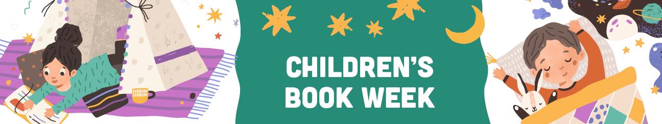 Children's Book Week featuring a child reading and a child sleeping