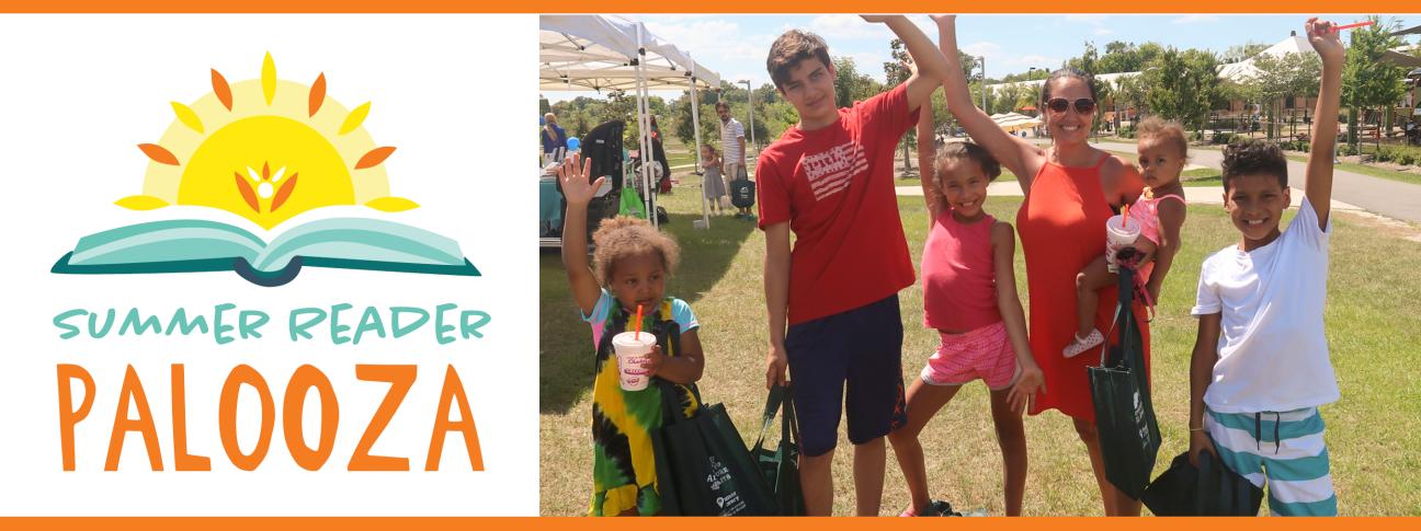 Summer Reader Palooza logo and mother standing with five children 