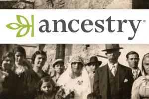 Ancestry logo and sepia tone photograph of multiple people