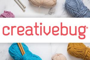 Creativebug logo with colored yarn and knitting needles