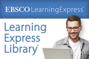 Learning Express Library logo and man looking at a laptop