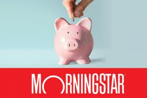 Morningstar logo and image of hand putting a coin in the top of a piggy bank