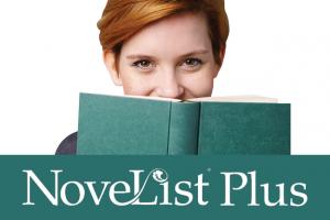 NoveList Plus logo and woman peeking out from behind a book