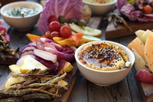 Table of vegetables and hummus