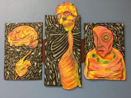 Three images: one with a brain, one with a skeleton, one with a person who's half of face is obscured. Uses lots of oranges, reds, and black