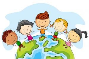 Illustration of children standing on a globe