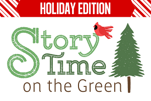 Story time on the Green Holiday Illustration with a green tree and red bird.