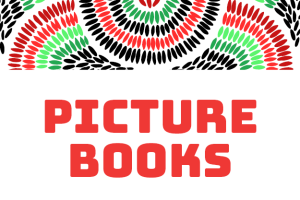Picture Books text illustration with rows of red, green, and black lines