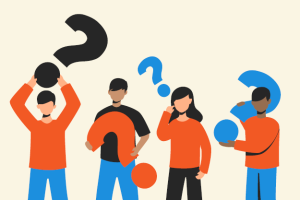 illustration of people holding up large question marks