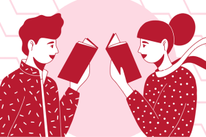 a pink shaded graphic illustration of two people facing each other with an open book in front of their faces