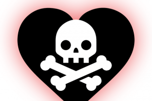 illustration of cross bones and scull inside a heart shape