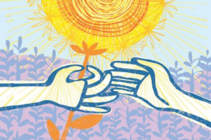 Illustration of hands sharing a flower