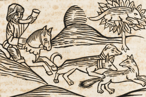 illustration of a horse rider with four-legged animals in front