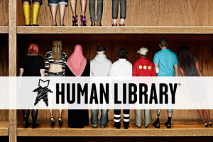 Human Library logo of a figure with a book as a head