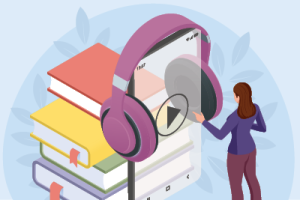 Person standing in front of a phone with audiobooks