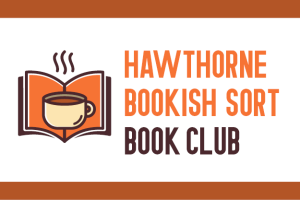 image of hawthorne book club logo with book and coffee mug in the middle