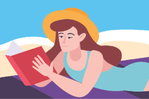 illustration of a teen reading a book at the beach