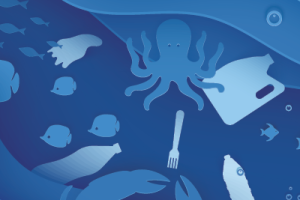 illustration of sea animals and trash in the ocean