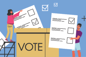 voting illustration of people submitting large votes into a box