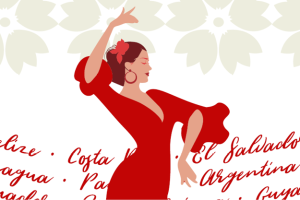 illustration of dancer with South American and Latin American countries written in the background