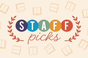 staff picks text illustration with books in the background