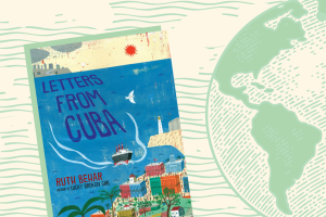 Book cover about Cuba next to illustration of a globe