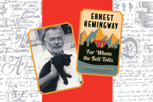 Ernest Hemingway with a black cat in his arm and his book cover of For Whom the Bell Tolls