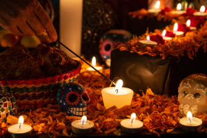 Halloween display of dark room with candles