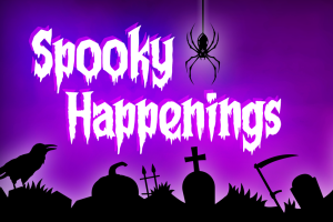 text illustration for spooky happenings with dark fall theme in the background