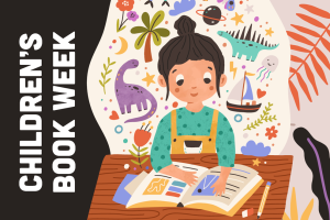 Children's Book Week text illustration with a child reading a book