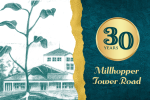 30 years Millhopper and Tower Road branches text illustration with library building behind a small plant
