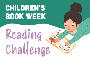 Children's Book Week Reading Challenge text illustration with a child reading a book