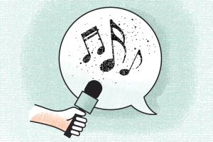 illustration of a hand holding a microphone over a word cloud with musical notes