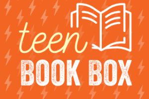 decorative orange label saying "teen Book Box" in fancy font
