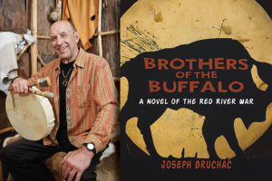 book cover for Brothers of the Buffalo a Novel of the Red River War by Joseph Bruchac with profile photo