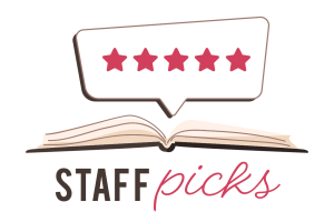 staff picks text illustration with book and 5-star rating above it