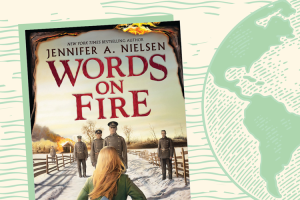 Book cover for Words on Fire by Jennifer A. Nielsen with someone walking toward uniformed people