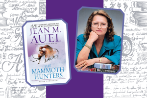 Book cover for Jean M Auel's The Mammoth Hunters with an author profile image