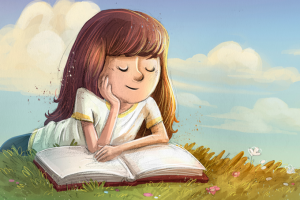 illustration of child reading a book on the grass outside