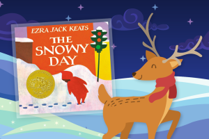 illustration of reindeer with book cover for The Snowy Day