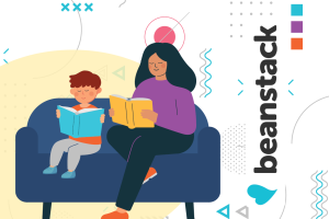 Beanstack text illustration with adult and child reading on a couch