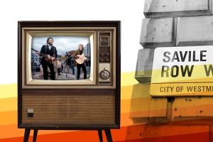 old TV set showing the Beatles playing