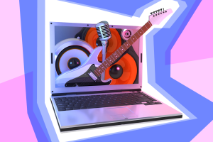 musical illustration on a laptop screen of guitar and speakers
