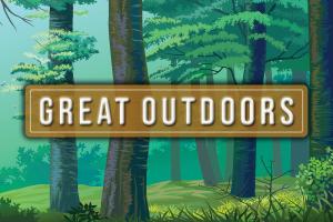 Great Outdoors text illustration with a forest background