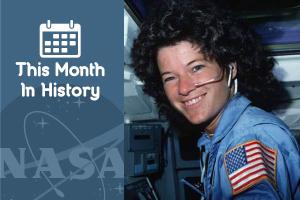 This Month in History text illustration of a calendar featuring Sally Ride