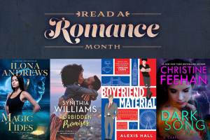 Read a Romance Month with cover images of romance novels