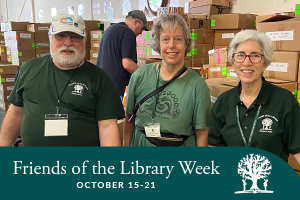 Friends of the Library Week October 15-21 photo of three volunteers at the book house.