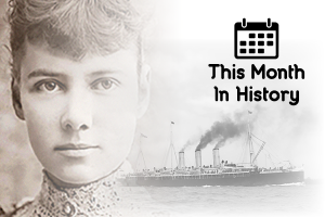 This month in history calendar illustration with background black and white image of a person next to a large ship in the background